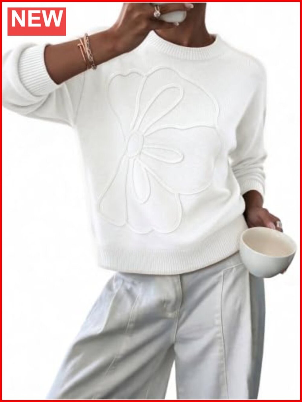 Oversized 3D Floral Pullover Sweater 100% Cotton Crew Neck Casual
